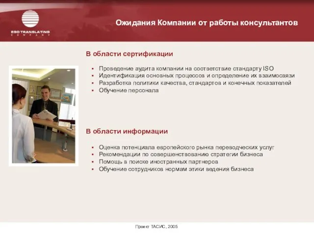 Проект ТАСИС, 2005 Проведение аудита компании на соответствие стандарту ISO Идентификация основных