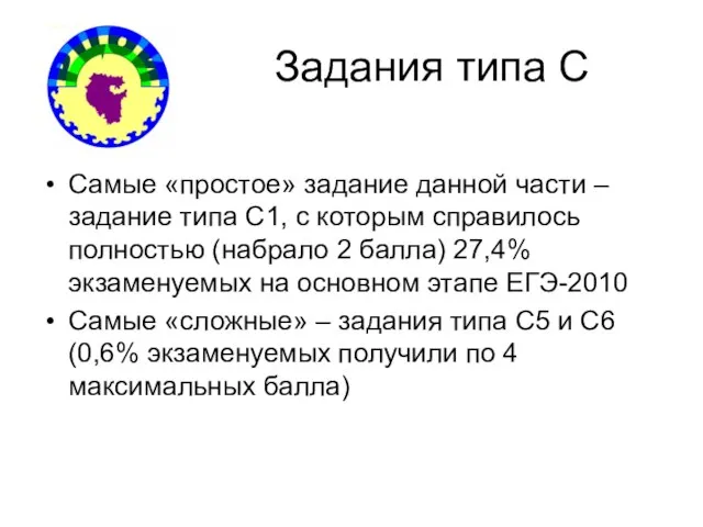 Задания типа С Самые «простое» задание данной части – задание типа С1,