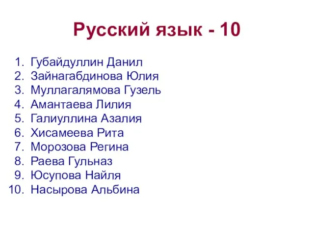 Русский язык - 10 Губайдуллин Данил Зайнагабдинова Юлия Муллагалямова Гузель Амантаева Лилия