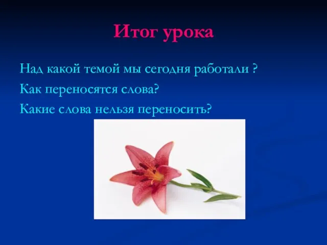 Итог урока Над какой темой мы сегодня работали ? Как переносятся слова? Какие слова нельзя переносить?