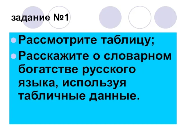 задание №1 Рассмотрите таблицу; Расскажите о словарном богатстве русского языка, используя табличные данные.