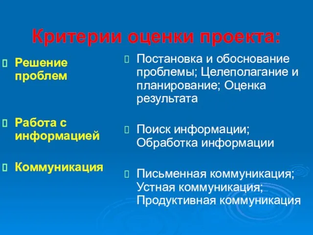 Критерии оценки проекта: Решение проблем Работа с информацией Коммуникация Постановка и обоснование