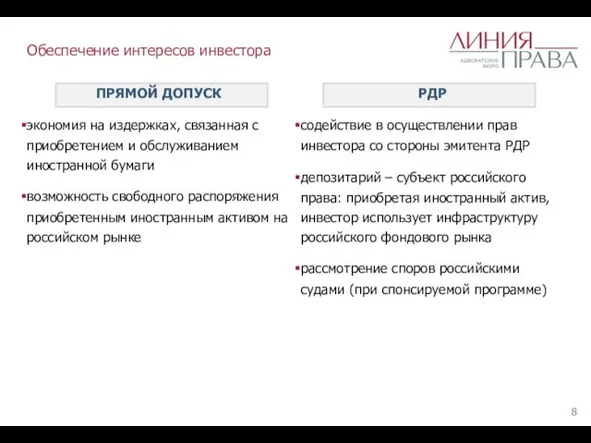 Обеспечение интересов инвестора ПРЯМОЙ ДОПУСК экономия на издержках, связанная с приобретением и