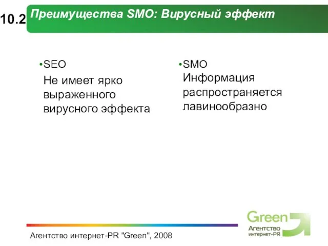 Агентство интернет-PR "Green", 2008 Преимущества SMO: Вирусный эффект SEO Не имеет ярко