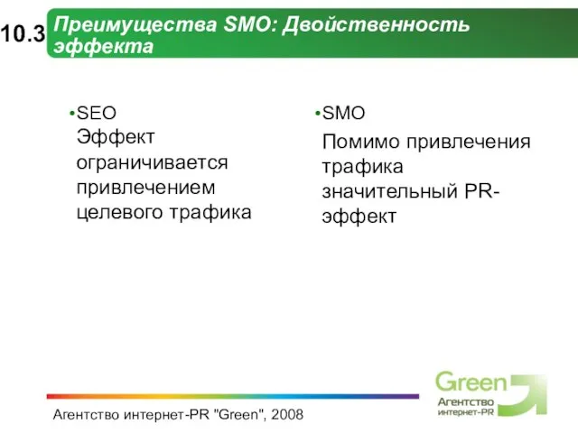 Агентство интернет-PR "Green", 2008 Преимущества SMO: Двойственность эффекта SEO Эффект ограничивается привлечением