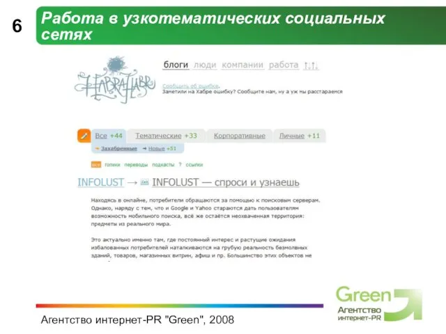 Агентство интернет-PR "Green", 2008 Работа в узкотематических социальных сетях 6