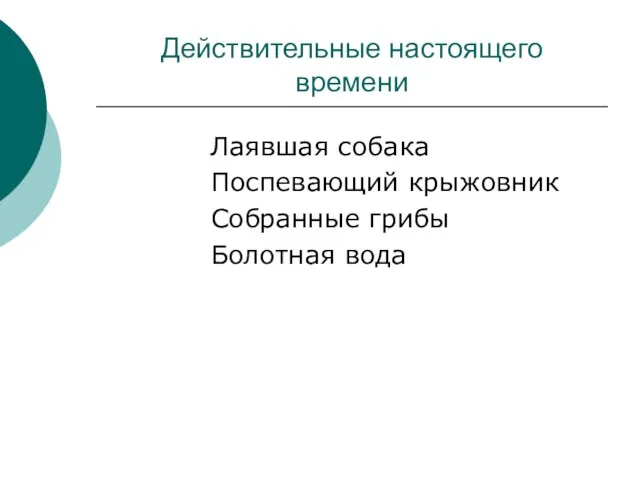 Действительные настоящего времени Лаявшая собака Поспевающий крыжовник Собранные грибы Болотная вода