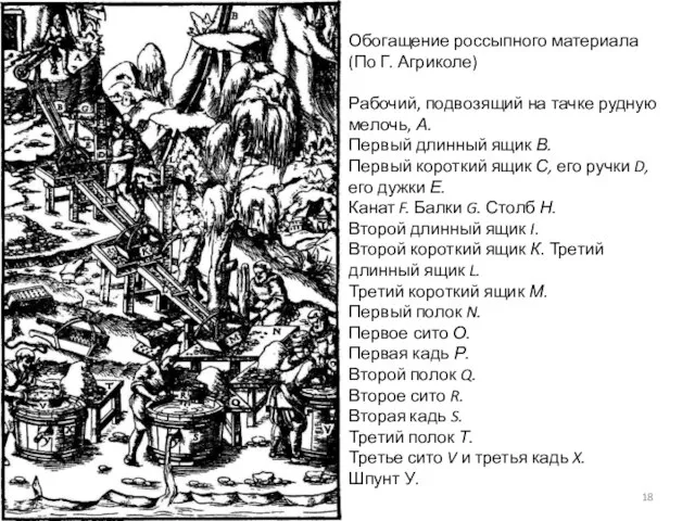 Обогащение россыпного материала (По Г. Агриколе) Рабочий, подвозящий на тачке рудную мелочь,