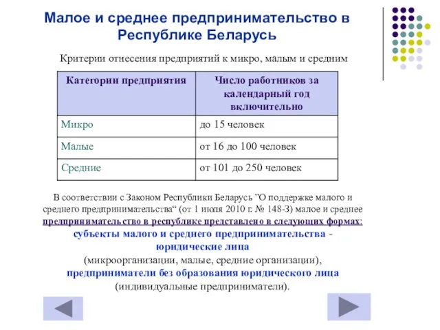 Малое и среднее предпринимательство в Республике Беларусь Критерии отнесения предприятий к микро,