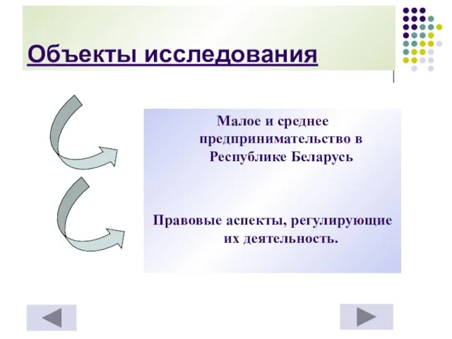 Объекты исследования Малое и среднее предпринимательство в Республике Беларусь Правовые аспекты, регулирующие их деятельность.