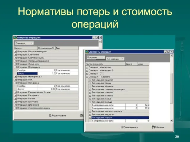 Нормативы потерь и стоимость операций