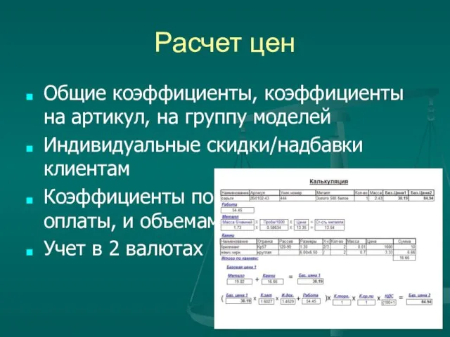 Расчет цен Общие коэффициенты, коэффициенты на артикул, на группу моделей Индивидуальные скидки/надбавки