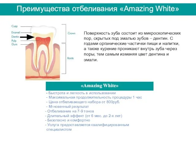 Преимущества отбеливания «Amazing White» Поверхность зуба состоит из микроскопических пор, скрытых под