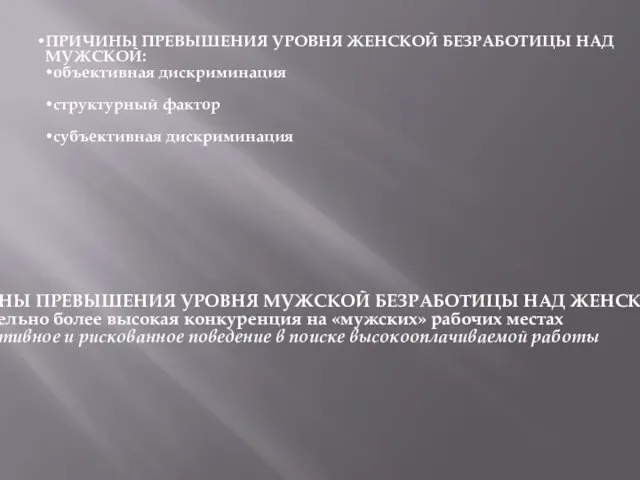 ПРИЧИНЫ ПРЕВЫШЕНИЯ УРОВНЯ ЖЕНСКОЙ БЕЗРАБОТИЦЫ НАД МУЖСКОЙ: объективная дискриминация структурный фактор субъективная