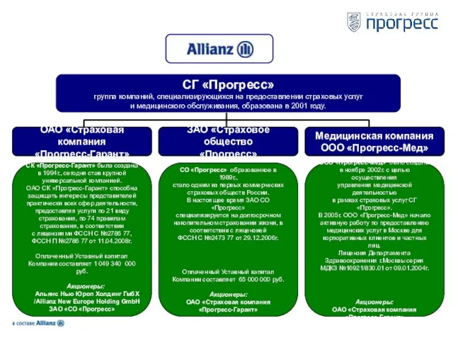 СГ «Прогресс» группа компаний, специализирующихся на предоставлении страховых услуг и медицинского обслуживания,