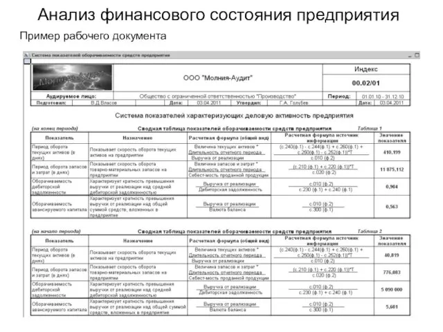 Анализ финансового состояния предприятия Пример рабочего документа