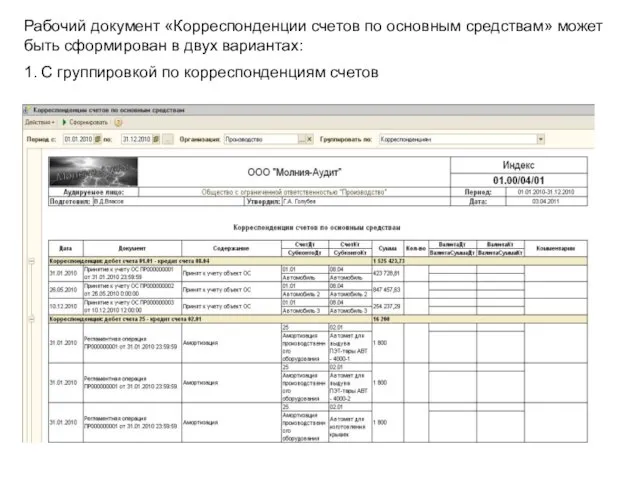 Рабочий документ «Корреспонденции счетов по основным средствам» может быть сформирован в двух