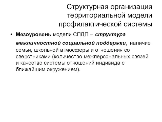 Структурная организация территориальной модели профилактической системы Мезоуровень модели СПДП – структура межличностной