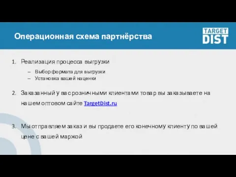 Операционная схема партнёрства Реализация процесса выгрузки Выбор формата для выгрузки Установка вашей