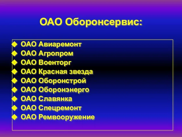 ОАО Оборонсервис: ОАО Авиаремонт ОАО Агропром ОАО Военторг ОАО Красная звезда ОАО