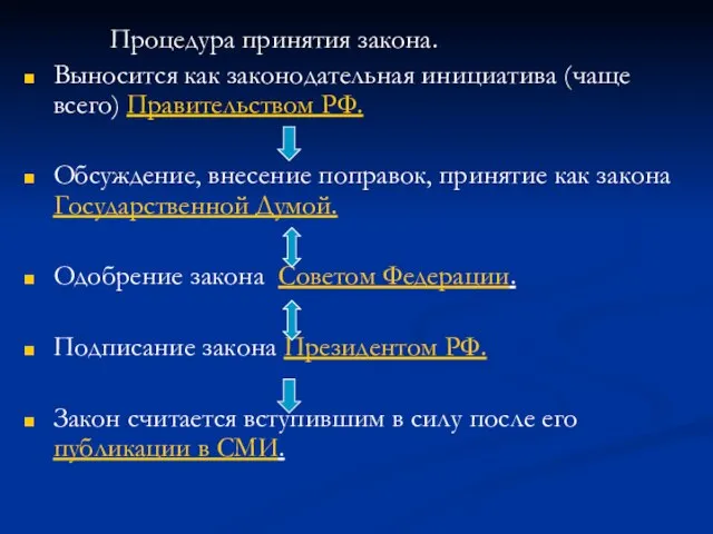 Процедура принятия закона. Выносится как законодательная инициатива (чаще всего) Правительством РФ. Обсуждение,