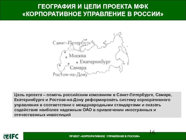 ГЕОГРАФИЯ И ЦЕЛИ ПРОЕКТА МФК «КОРПОРАТИВНОЕ УПРАВЛЕНИЕ В РОССИИ» Цель проекта –