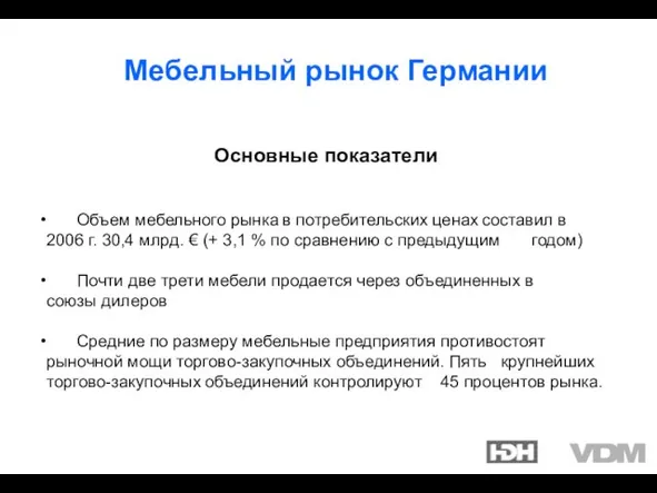 Мебельный рынок Германии Основные показатели Объем мебельного рынка в потребительских ценах составил