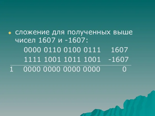 сложение для полученных выше чисел 1607 и -1607: 0000 0110 0100 0111