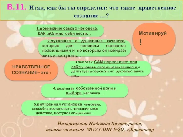 Назаретьянц Надежда Хачатуровна, педагог-психолог МОУ СОШ №20, г.Краснодар НРАВСТВЕННОЕ СОЗНАНИЕ– это :