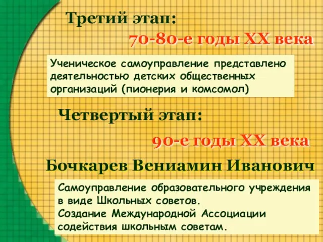 Третий этап: 70-80-е годы XX века Ученическое самоуправление представлено деятельностью детских общественных