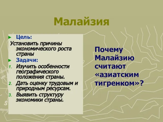 Малайзия Цель: Установить причины экономического роста страны Задачи: Изучить особенности географического положения