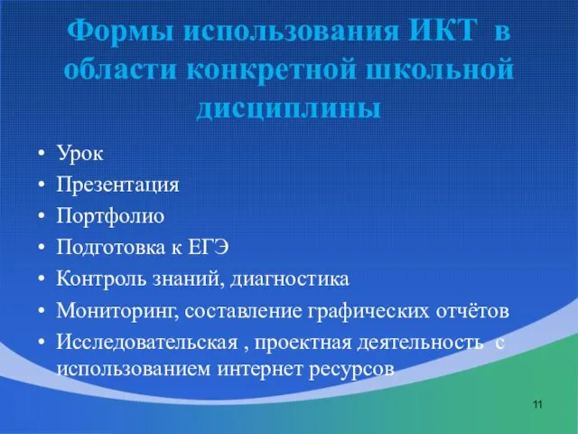 Формы использования ИКТ в области конкретной школьной дисциплины Урок Презентация Портфолио Подготовка