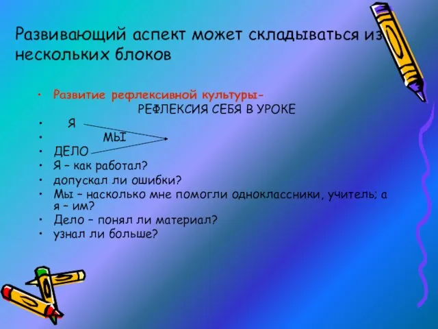 Развивающий аспект может складываться из нескольких блоков Развитие рефлексивной культуры- РЕФЛЕКСИЯ СЕБЯ