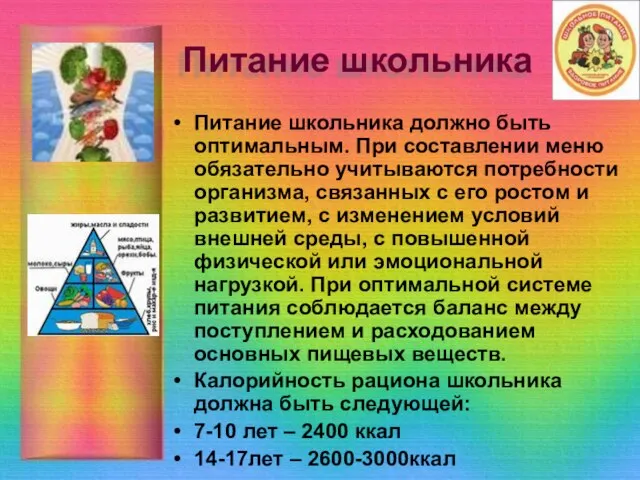 Питание школьника Питание школьника должно быть оптимальным. При составлении меню обязательно учитываются