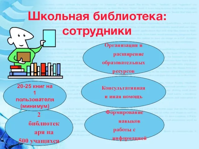 Школьная библиотека: сотрудники 2 библиотекаря на 500 учащихся Организация и расширение образовательных