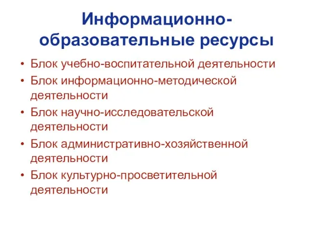 Информационно- образовательные ресурсы Блок учебно-воспитательной деятельности Блок информационно-методической деятельности Блок научно-исследовательской деятельности