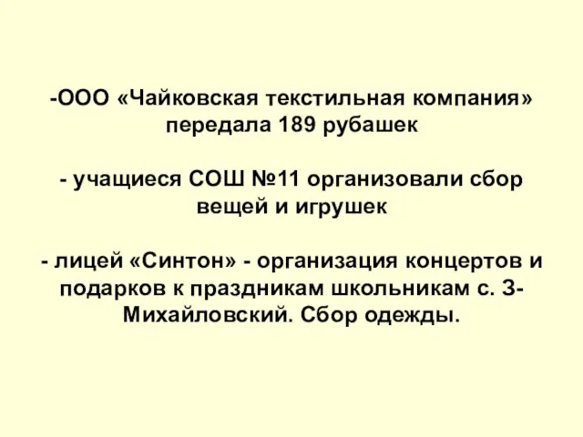 -ООО «Чайковская текстильная компания» передала 189 рубашек - учащиеся СОШ №11 организовали