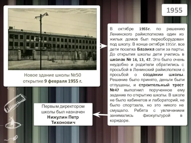 1955 В октябре 1955г. по решению Ленинского райисполкома один из жилых домов