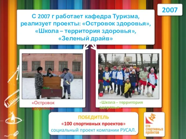 2007 С 2007 г работает кафедра Туризма, реализует проекты: «Островок здоровья», «Школа