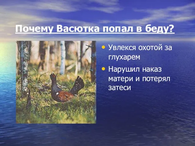 Почему Васютка попал в беду? Увлекся охотой за глухарем Нарушил наказ матери и потерял затеси