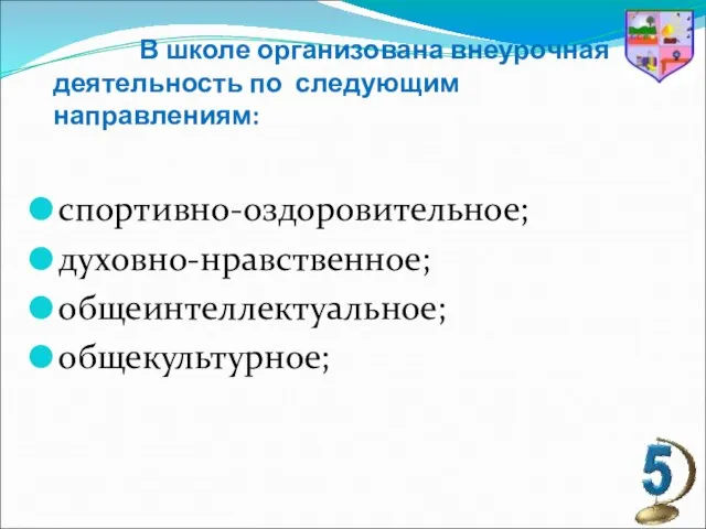 В школе организована внеурочная деятельность по следующим направлениям: спортивно-оздоровительное; духовно-нравственное; общеинтеллектуальное; общекультурное;