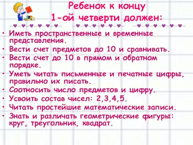 Ребенок к концу 1-ой четверти должен: Иметь пространственные и временные представления. Вести