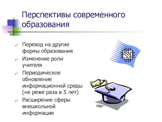 Перспективы современного образования Переход на другие формы образования Изменение роли учителя Периодическое