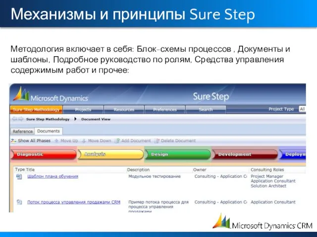 Механизмы и принципы Sure Step Методология включает в себя: Блок-схемы процессов ,