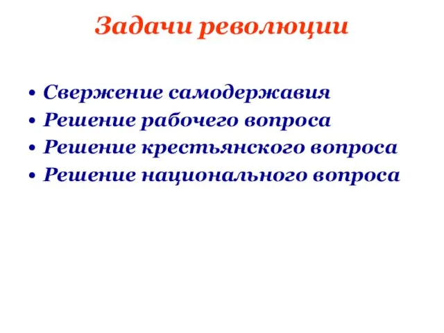 Задачи революции Свержение самодержавия Решение рабочего вопроса Решение крестьянского вопроса Решение национального вопроса