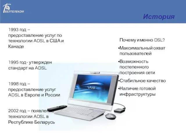 История 1993 год – предоставление услуг по технологии ADSL в США и