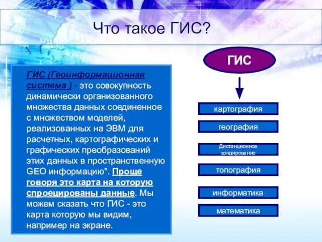 Что такое ГИС? ГИС (Геоинформационная система ) - это совокупность динамически организованного