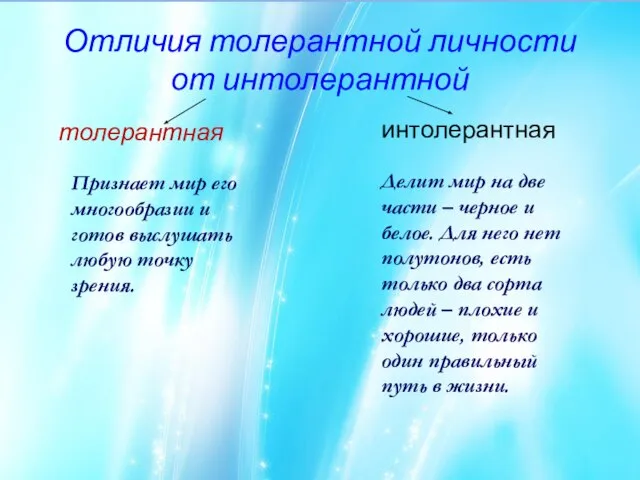 Отличия толерантной личности от интолерантной толерантная интолерантная Признает мир его многообразии и