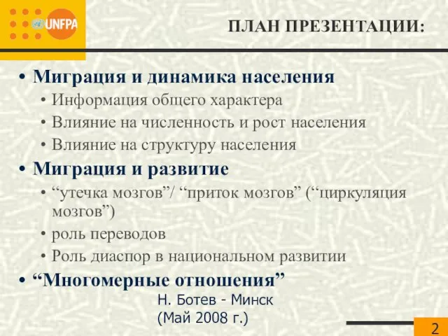 Н. Ботев - Минск (Май 2008 г.) ПЛАН ПРЕЗЕНТАЦИИ: Миграция и динамика