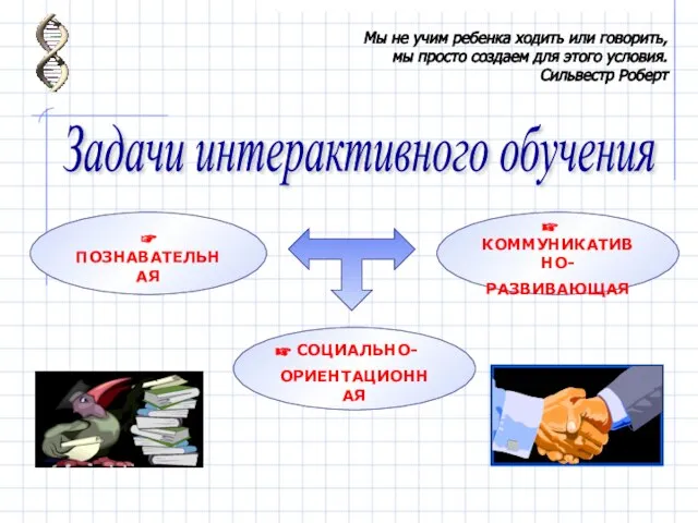 Задачи интерактивного обучения ☞ ПОЗНАВАТЕЛЬНАЯ КОММУНИКАТИВНО- РАЗВИВАЮЩАЯ СОЦИАЛЬНО- ОРИЕНТАЦИОННАЯ Мы не учим